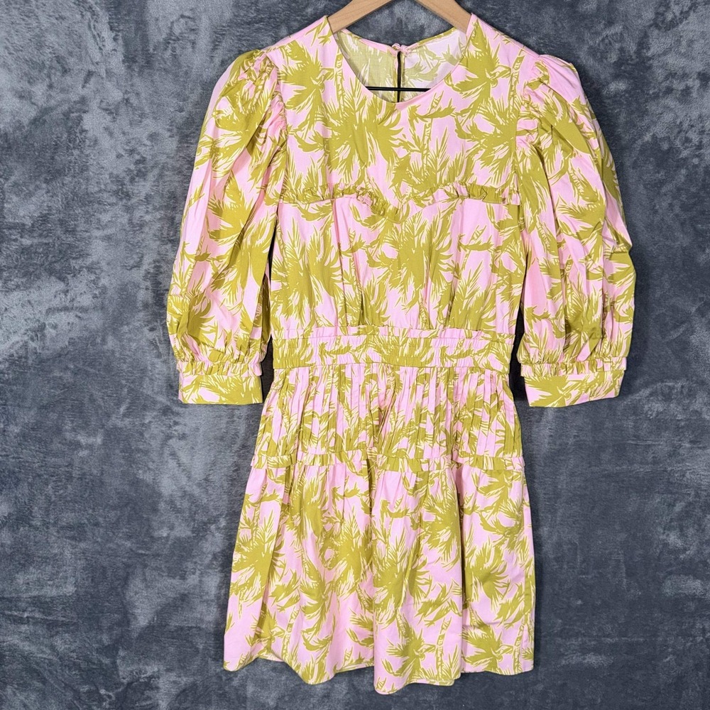 Diane Von Furstenberg‎ Womens Dress Pink Green Puff Sleeve Tropical Print